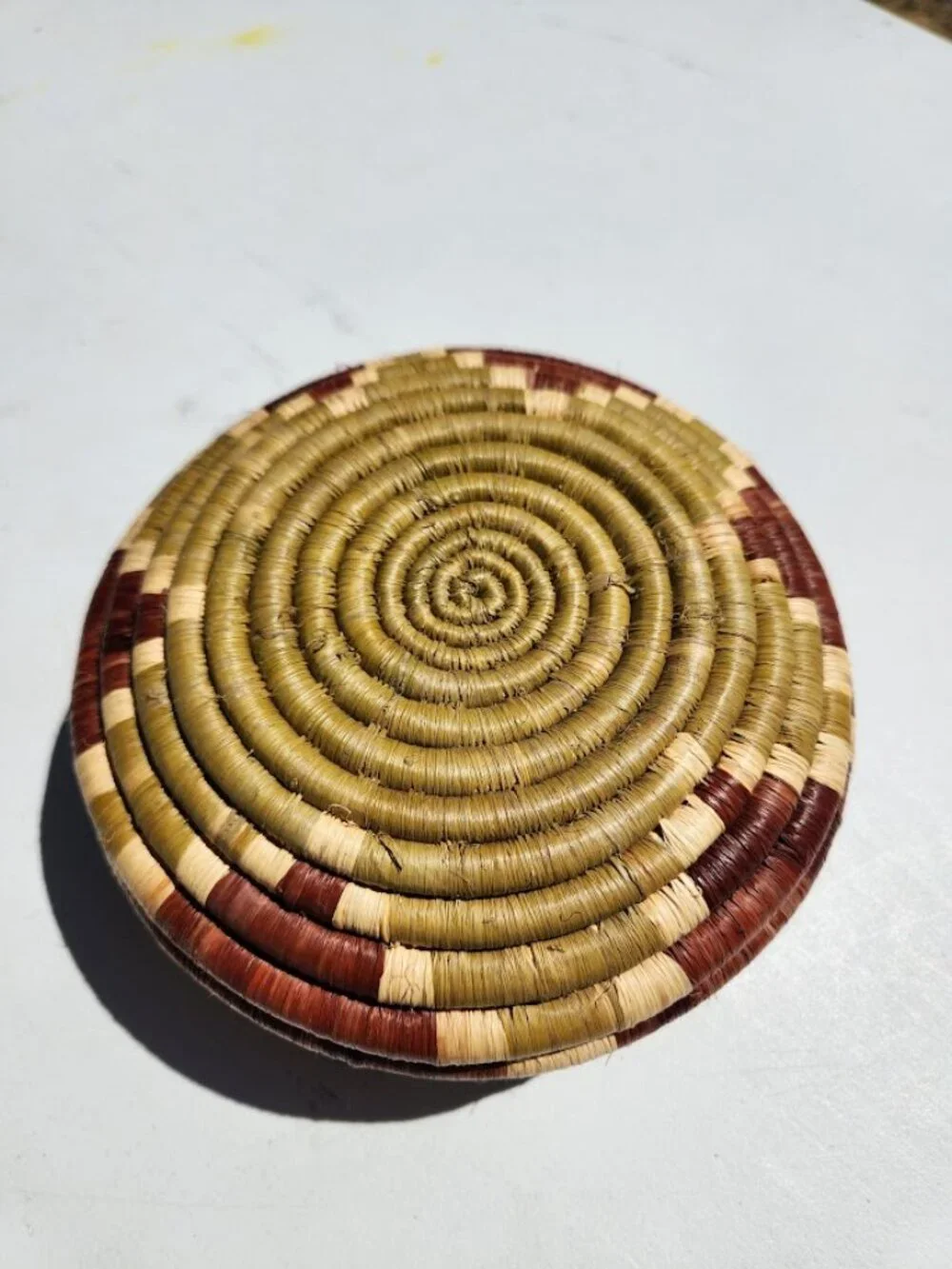 Vintage handwoven coiled basket woven with Geometric Pattern Africa Bohemian Afr